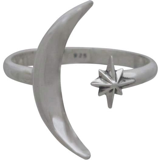 Sterling Silver Adjustable Moon and Star Ring - Poppies Beads n' More