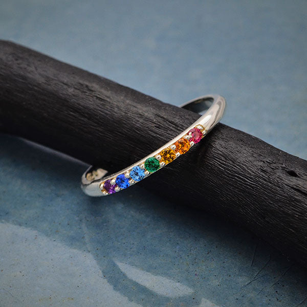 Sterling Silver Rainbow Stacking Ring with Nano Gems - Poppies Beads n' More