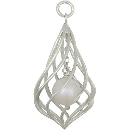Sterling Silver Twisted Teardrop Cage with Pearl - Poppies Beads n' More