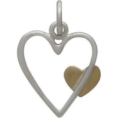 Sterling Silver Open Heart with Bronze Heart Charm - Poppies Beads n' More