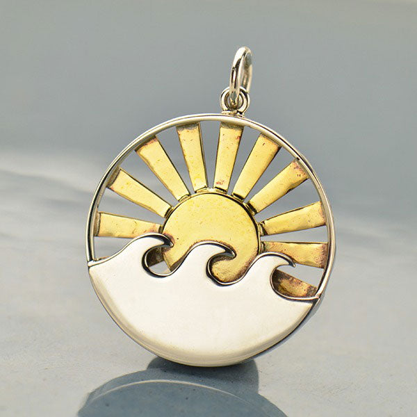 Sterling Silver Wave Charm with Bronze Setting Sun - Poppies Beads n' More