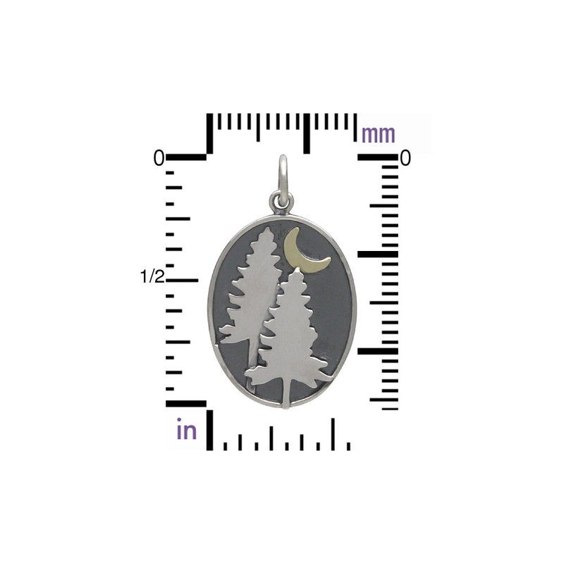 Sterling Silver Pine Tree Charm with Bronze Moon - Poppies Beads n' More
