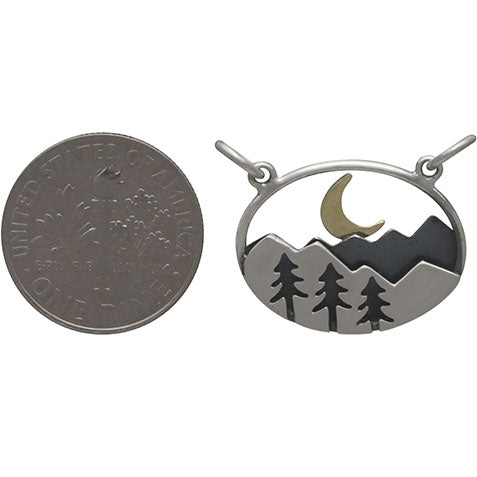 Sterling Silver Oval Mountain Pendant with Trees and Moon - Poppies Beads n' More