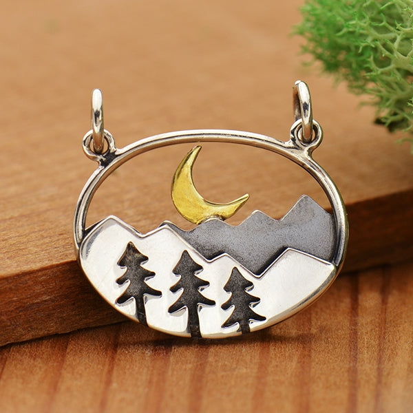 Sterling Silver Oval Moutain Pendant with Trees and Moon - Poppies Beads n' More