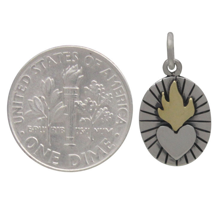Sterling Silver Sacred Heart Charm with Bronze Flames - Poppies Beads n' More