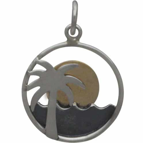 Sterling Silver Palm Tree and Ocean Charm with Bronze Sun - Poppies Beads n' More