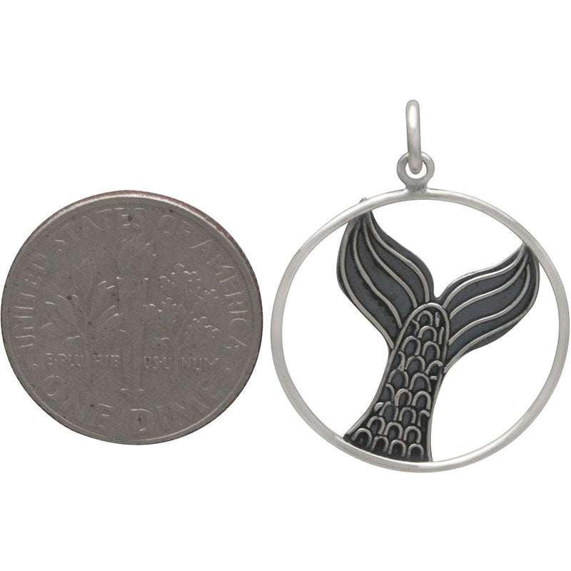 Sterling Silver Mermaid Tail Pendant in Circle Frame - Poppies Beads n' More