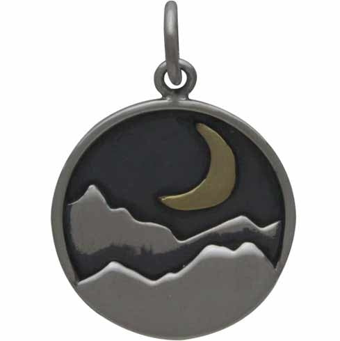 Sterling Silver Mountain Charm with Bronze Crescent - Poppies Beads n' More