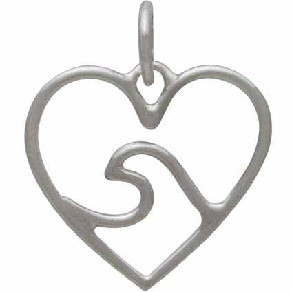Sterling Silver Heart Charm with Wave - Ocean Charm - Poppies Beads n' More