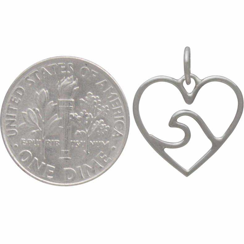 Sterling Silver Heart Charm with Wave - Ocean Charm - Poppies Beads n' More