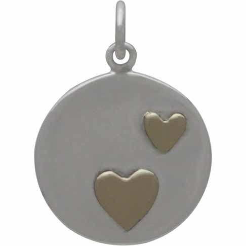 Sterling Silver Disk Charm with Two Bronze Hearts - Poppies Beads n' More