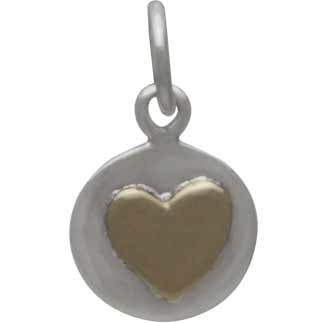 Sterling Silver Small Disk Charm with Bronze Heart - Poppies Beads n' More
