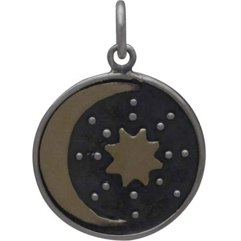 Sterling Silver Talisman Charm with Bronze Sun & Moon - Poppies Beads n' More