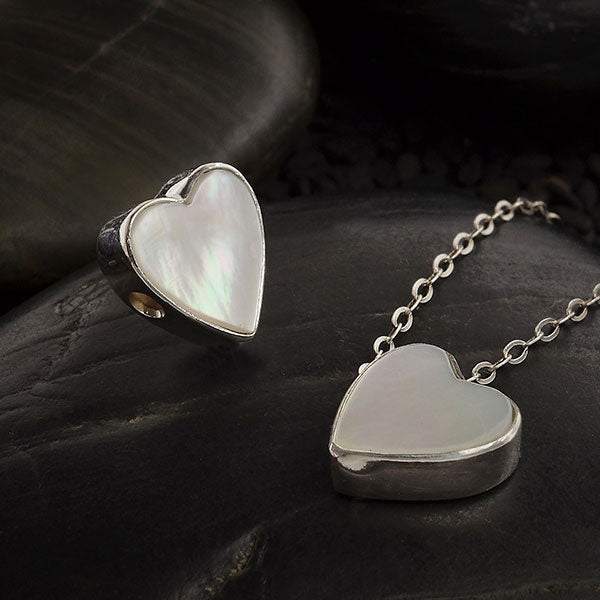 Mother of Pearl Heart Bead with Silver Bezel - Poppies Beads n' More