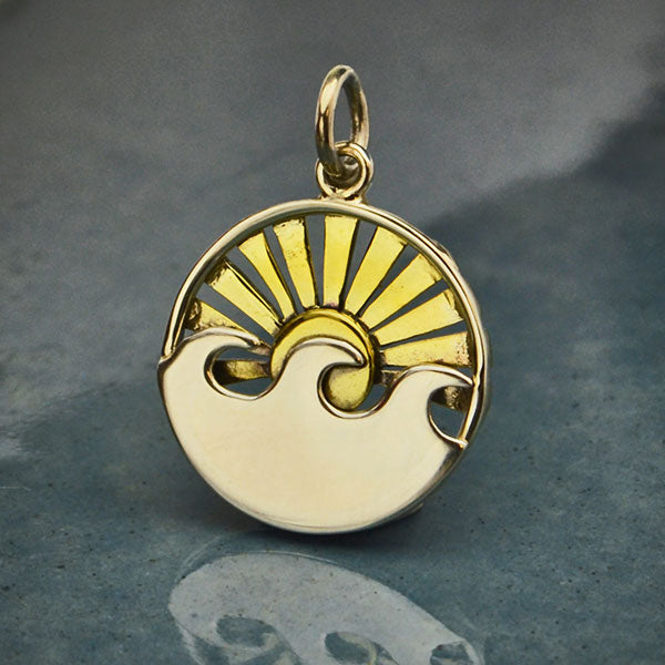 Sterling Silver Wave Charm with Bronze Setting Sun - Poppies Beads n' More