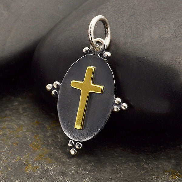 Oxidized Silver Oval Charm with Bronze Cross - Poppies Beads n' More