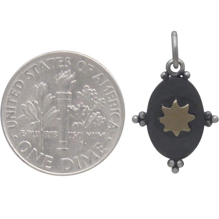 Sterling Silver Oxidized Oval Charm with Bronze Sun - Poppies Beads n' More