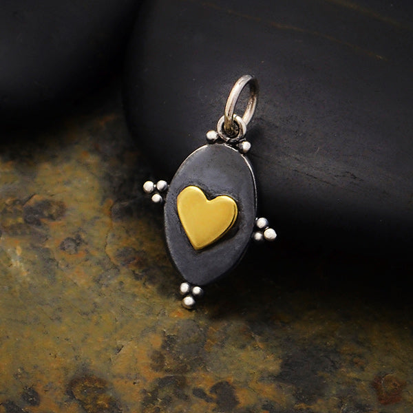 Silver Oxidized Oval Charm with Bronze Heart - Poppies Beads n' More