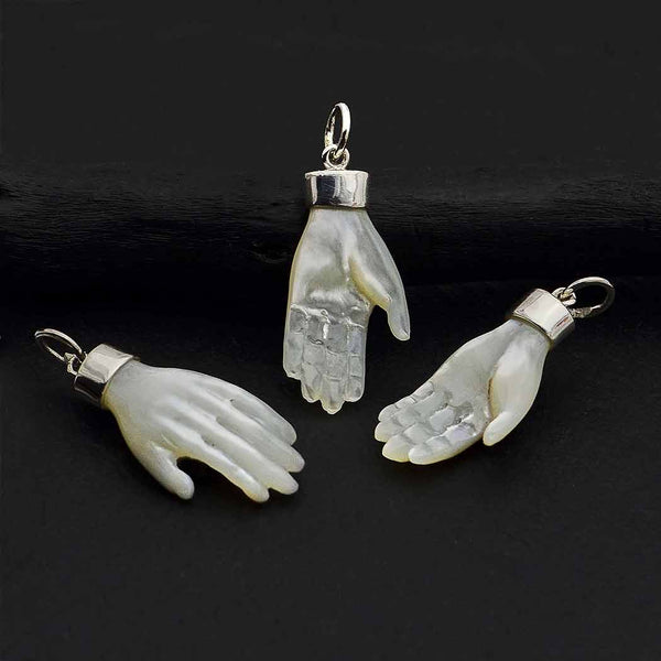Carved Mother of Pearl Hand Pendant with Silver Bail - Poppies Beads n' More