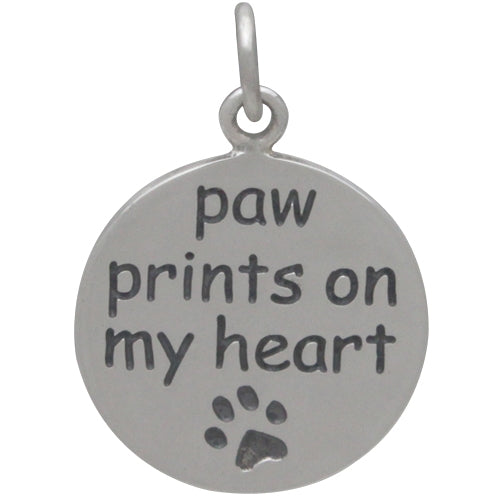 Sterling Silver Message Pendant: Paw Prints on my Heart - Poppies Beads n' More