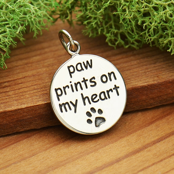 Sterling Silver Message Pendant - Paw Prints on my Heart - Poppies Beads n' More