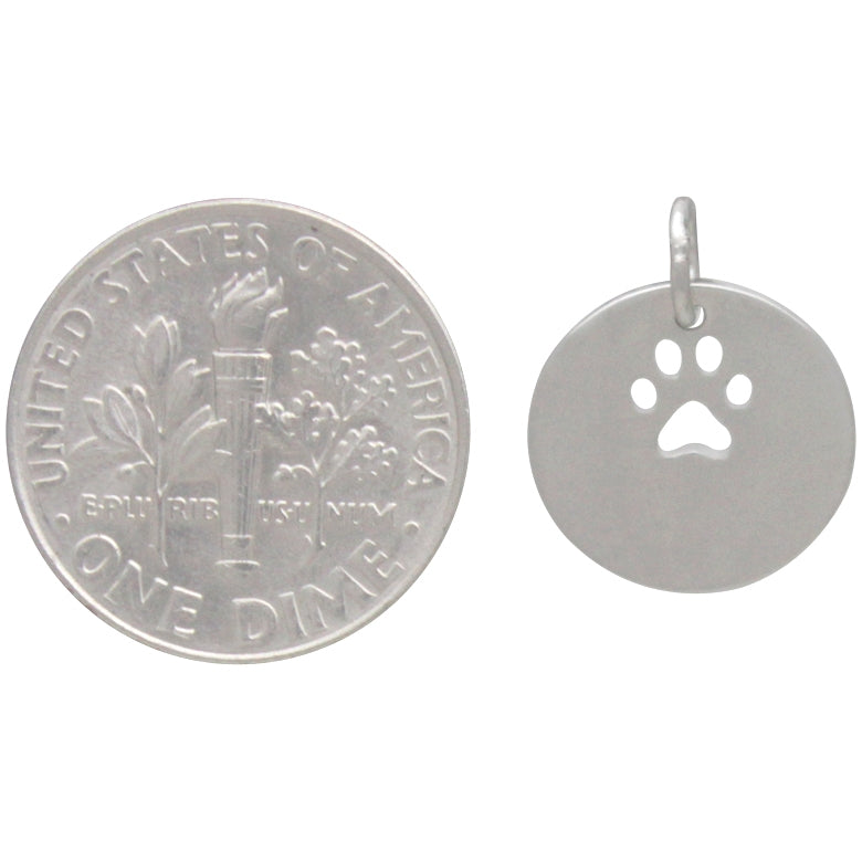 Sterling Silver Circle Charm with Paw Print Cutout - Stamping Charm - Poppies Beads n' More