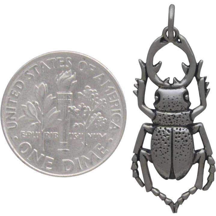 Sterling Silver Stag Beetle Charm - Bug Charm - Poppies Beads n' More