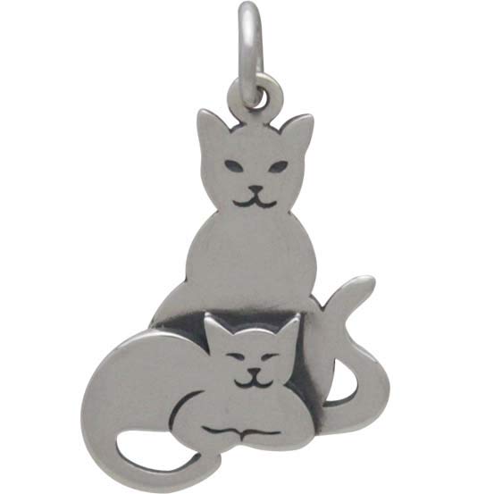 Sterling Silver Two Layer Mom and Baby Cat Charm - Poppies Beads n' More