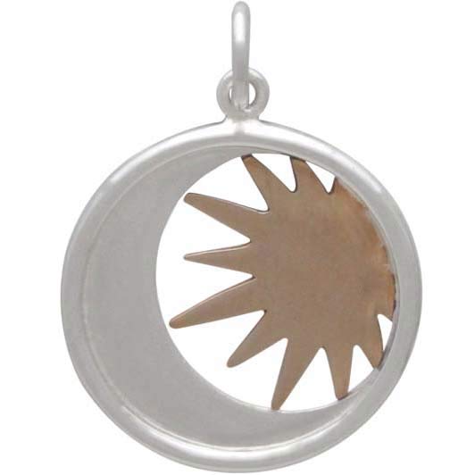 Sterling Silver Moon Charm in a Disk with Bronze Sun - Poppies Beads n' More