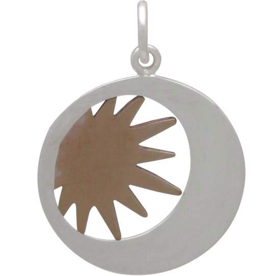 Sterling Silver Moon Charm in a Disk with Bronze Sun - Poppies Beads n' More