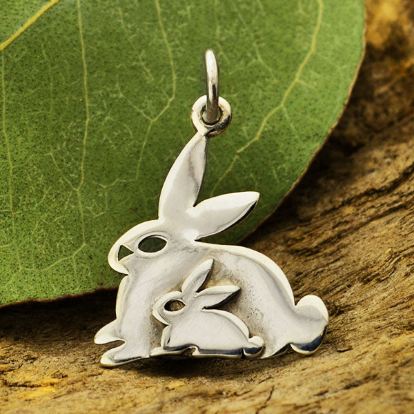 Sterling Silver Two Layer Mom and Baby Bunny Charm - Poppies Beads n' More