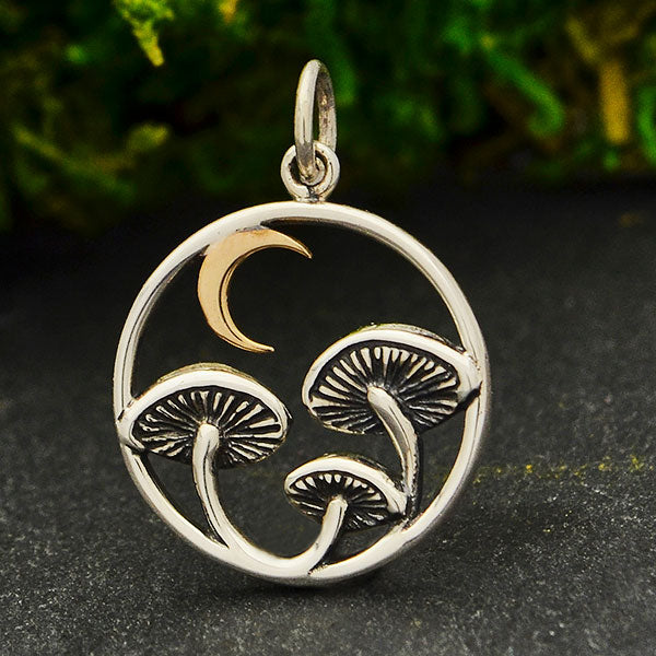 Sterling Silver Mushroom Charm with Bronze Moon - Poppies Beads n' More