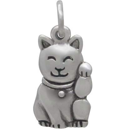 Sterling Silver Lucky Cat Charm -Maneki Neko Charm - Poppies Beads n' More