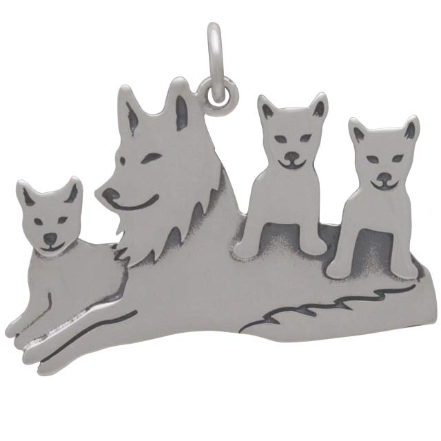Sterling Silver Mama Wolf Pendant with Three Pups - Poppies Beads n' More