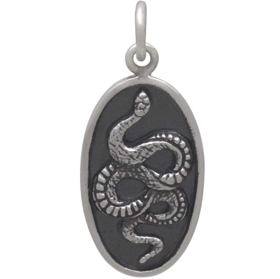 Sterling Silver Snake Pendant on Oval Disk - Poppies Beads n' More