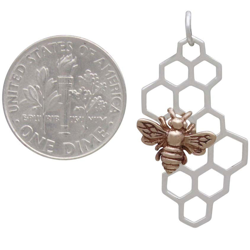 Sterling Silver Honeycomb Pendant with Bronze Bee - Poppies Beads n' More