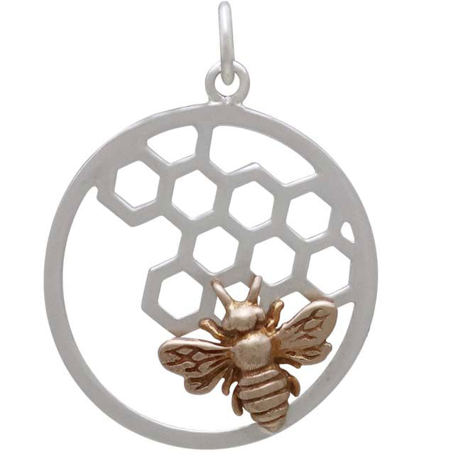 Silver Honeycomb and Bee Charm in Circle Frame - Poppies Beads n' More