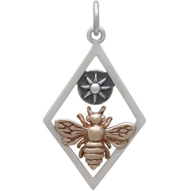 Bronze Bee Charm with Sun in Silver Diamond Frame - Poppies Beads n' More
