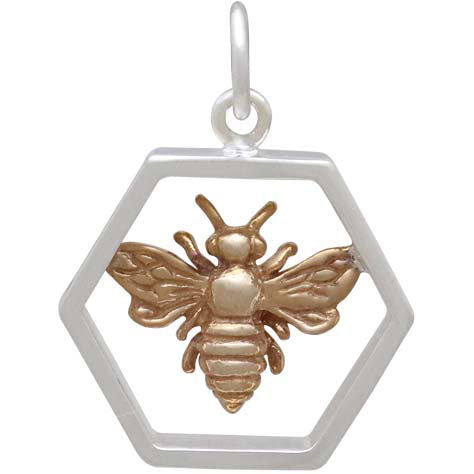 Sterling Silver Hexagon Charm with Bronze Bee - Poppies Beads n' More