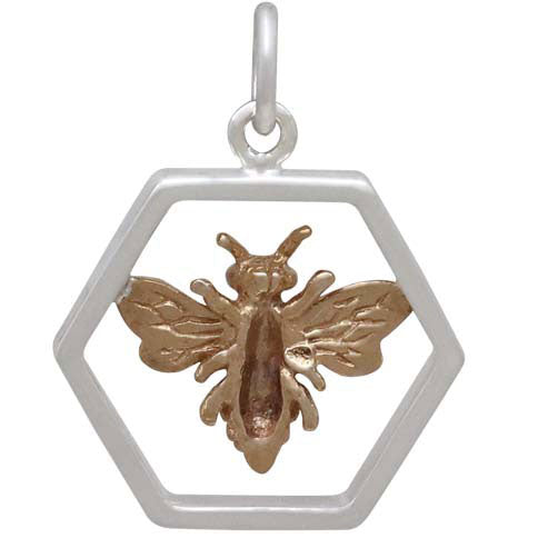 Sterling Silver Hexagon Charm with Bronze Bee - Poppies Beads n' More