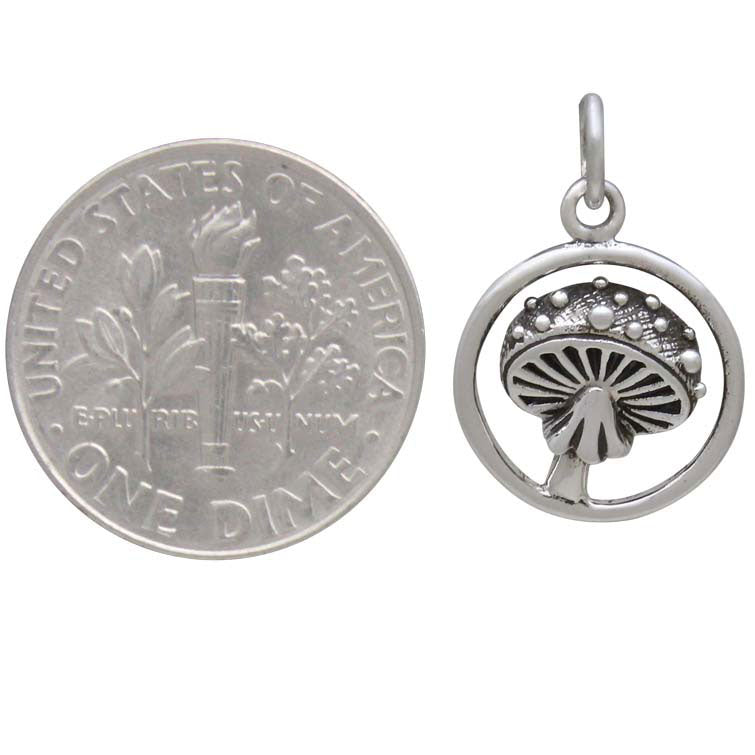 Sterling Silver Agaric Mushroom Charm in Circle - Poppies Beads n' More