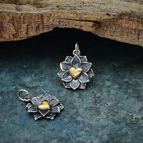Sterling Silver Lotus Pendant with Bronze Heart - Poppies Beads n' More