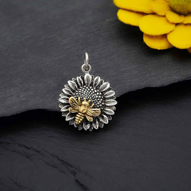Sterling Silver Sunflower Charm with Bronze Bee - Poppies Beads n' More
