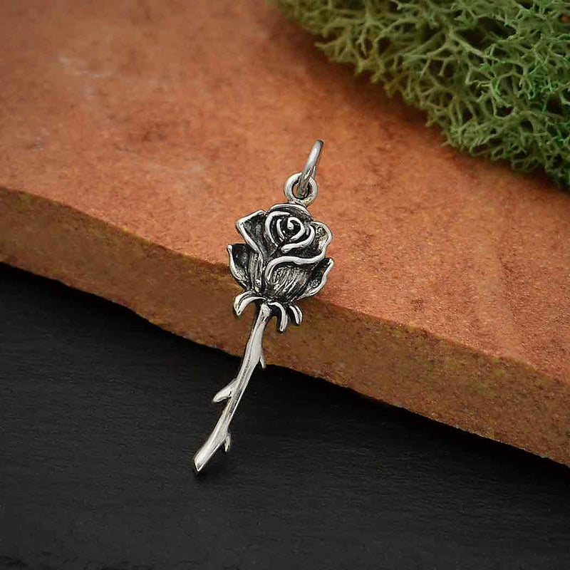Sterling Silver Dimensional Stemmed Rose Charm - Poppies Beads n' More