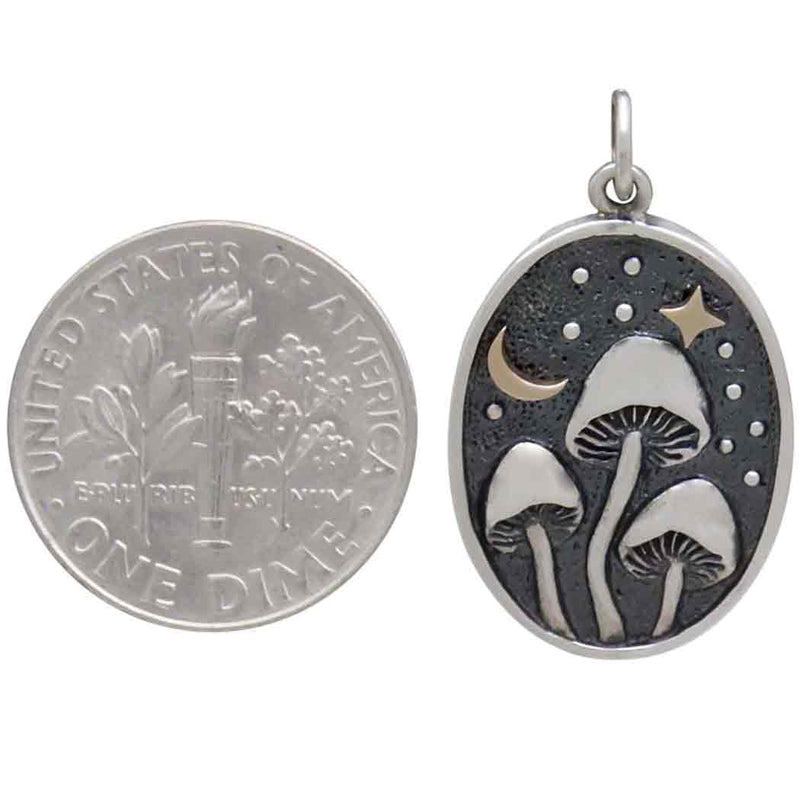 Silver Mushroom Pendant with Bronze Star and Moon - Poppies Beads n' More