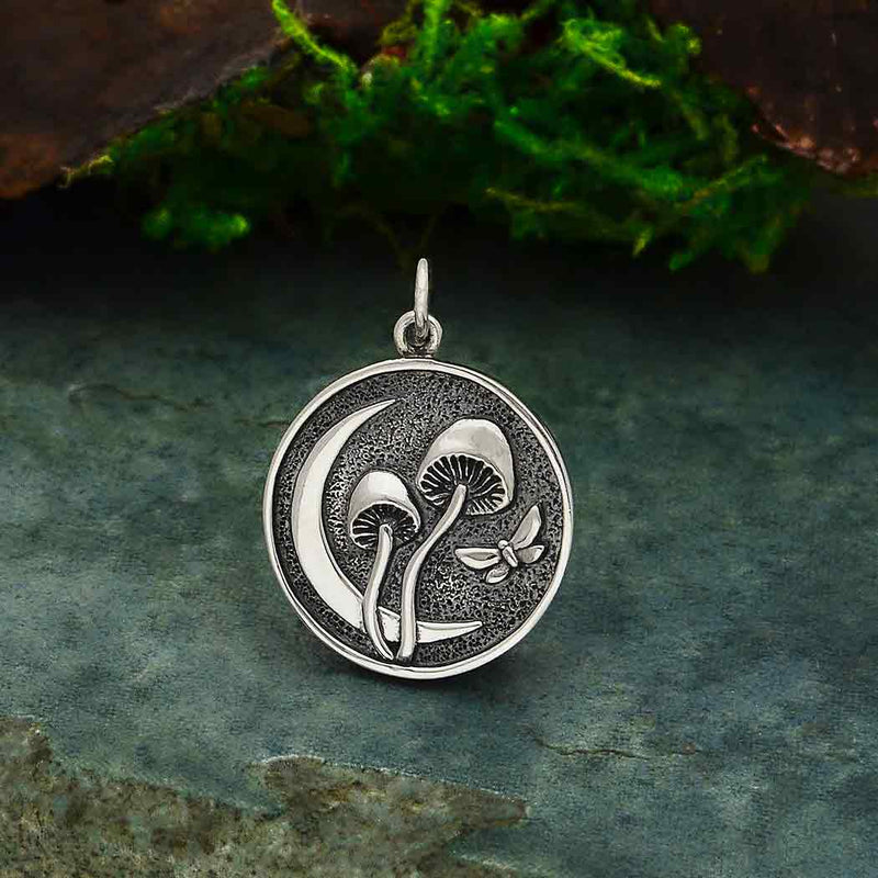 Sterling Silver Moon and Mushroom Pendant - Poppies Beads n' More