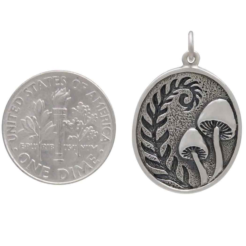Sterling Silver Etched Fern and Mushroom Pendant - Poppies Beads n' More