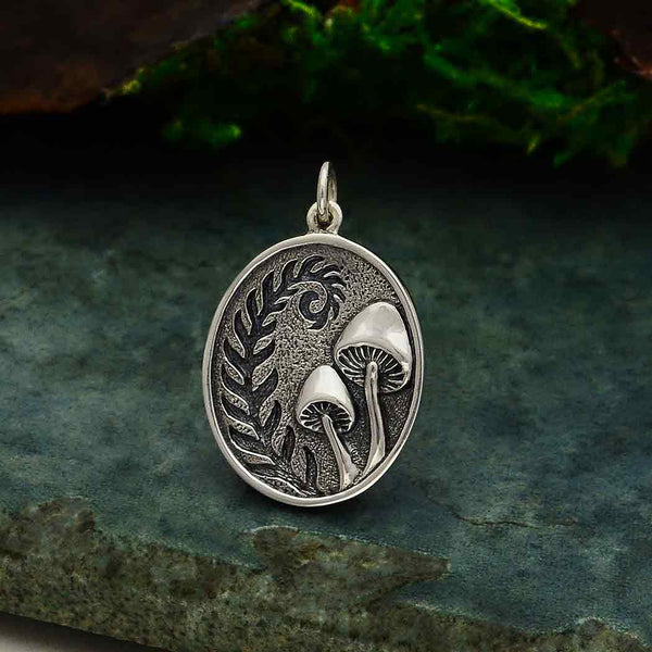 Sterling Silver Etched Fern and Mushroom Pendant - Poppies Beads n' More