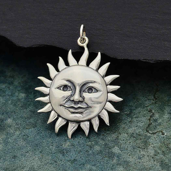 Sterling Silver Large Smiling Sun Pendant - Poppies Beads n' More