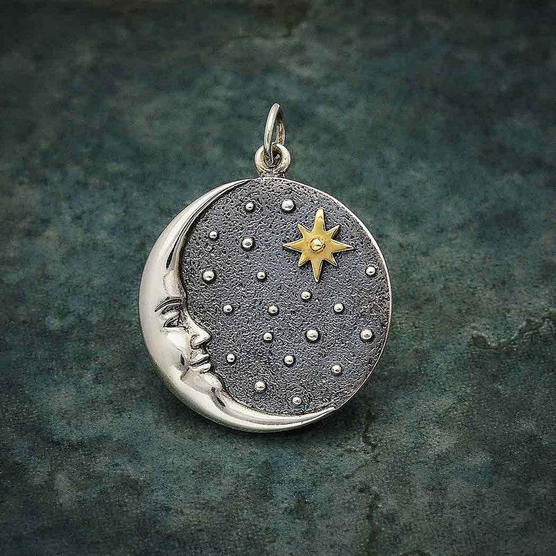 Silver Crescent Moon Face Pendant with Bronze Star - Poppies Beads n' More